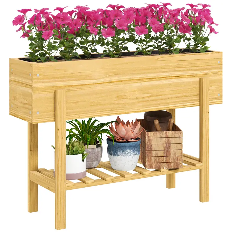 39" X 12" X 28" Elevated Wooden Garden Bed With Legs, Storage Shelf, Drainage Holes, Natural Wood 1