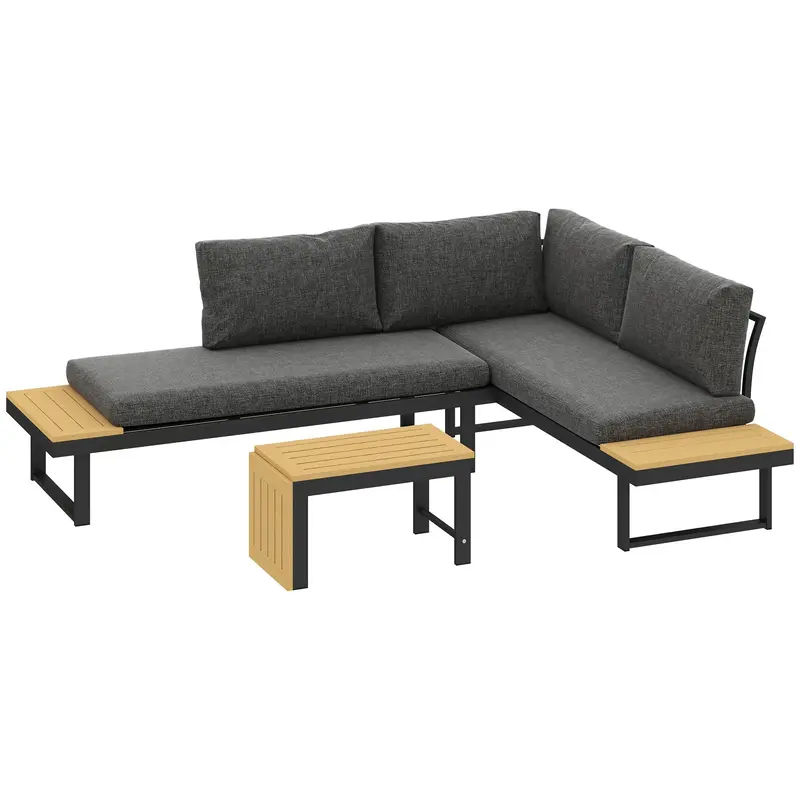 3Pc Aluminum Corner Patio Furniture Set W/ 2 Loveseats & Wood-Plastic Coffee Table, Grey 1