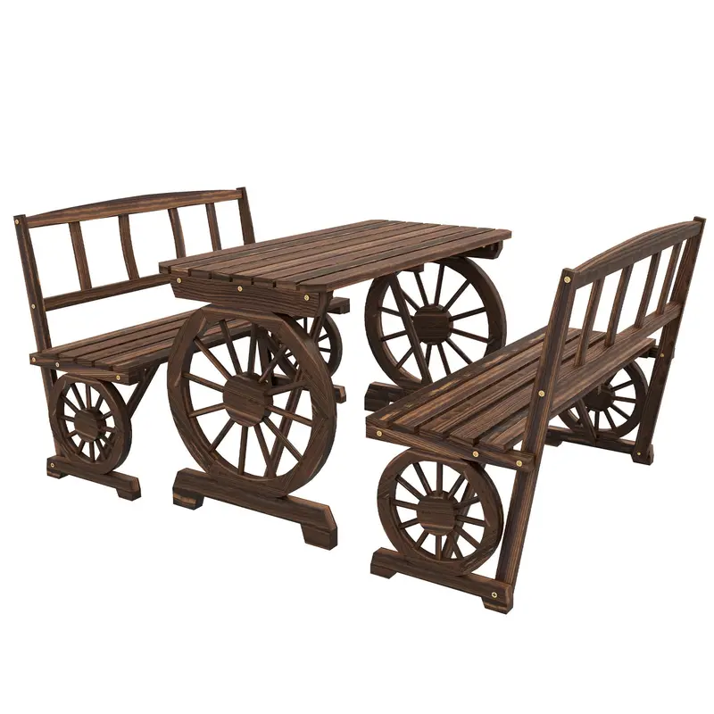 3Pc Outdoor Wooden Table & Chairs For 4, Carriage Wheels Patio Set For Porch, Carbonized 1