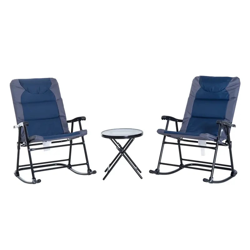 3Pc Patio Foldable Rocking Chair Set, Outdoor Rocking Chairs And Table Bistro Set, Blue 1