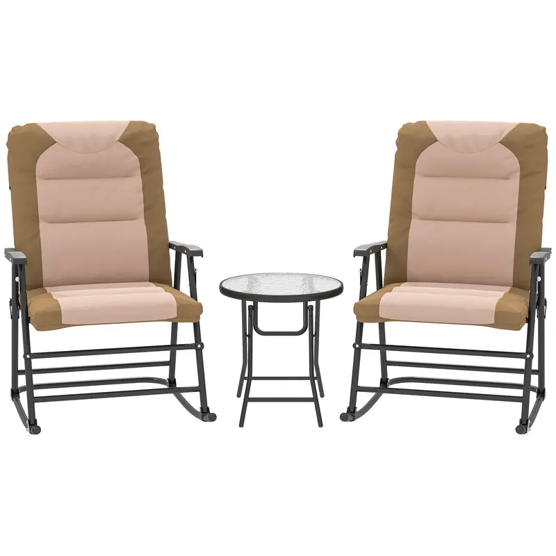 3Pc Patio Foldable Rocking Chair Set, Outdoor Rocking Chairs And Table Bistro Set, Light Brown 1