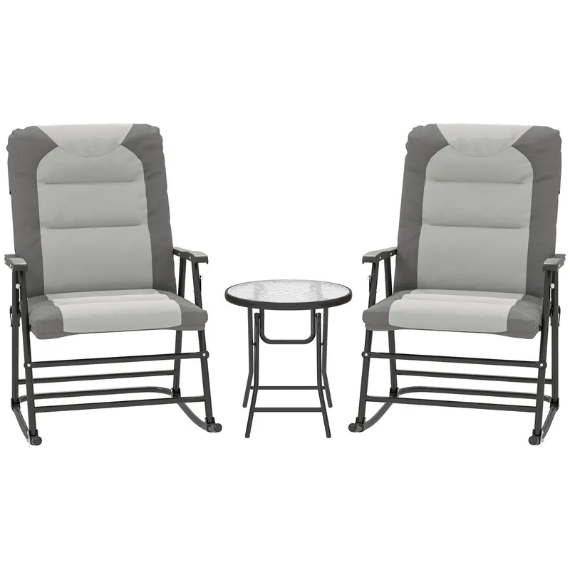 3Pc Patio Foldable Rocking Chair Set, Outdoor Rocking Chairs And Table Bistro Set, Light Grey 1
