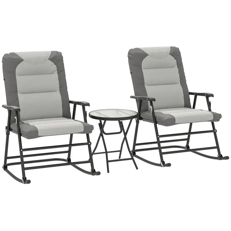 3Pc Patio Foldable Rocking Chair Set, Outdoor Rocking Chairs And Table Bistro Set, Light Grey 2