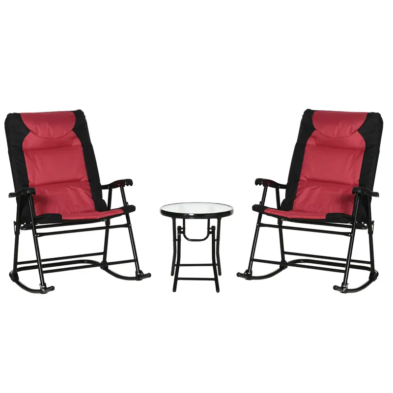 3Pc Patio Foldable Rocking Chair Set, Outdoor Rocking Chairs And Table Bistro Set, Red 1