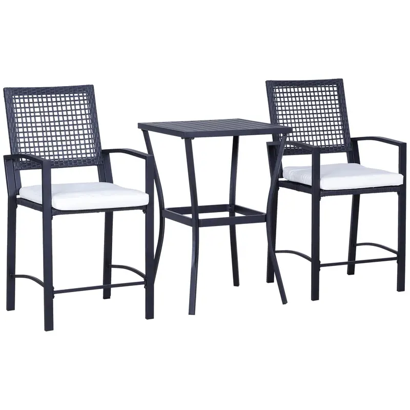 3Pc Rattan Patio Bar Set W/ Cushions, All Weather Wicker Bar Height Furniture, Cream White 1