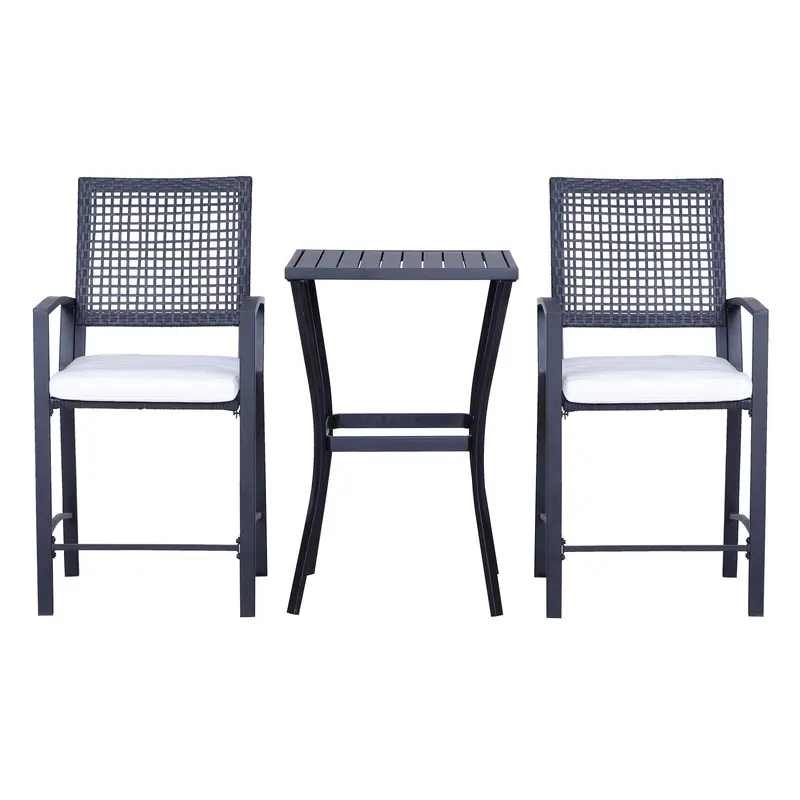 3Pc Rattan Patio Bar Set W/ Cushions, All Weather Wicker Bar Height Furniture, Cream White 2