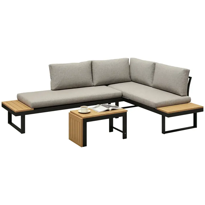 3Pc Sectional Patio Set With 2 Loveseats And Wpc Table, Light Grey 1
