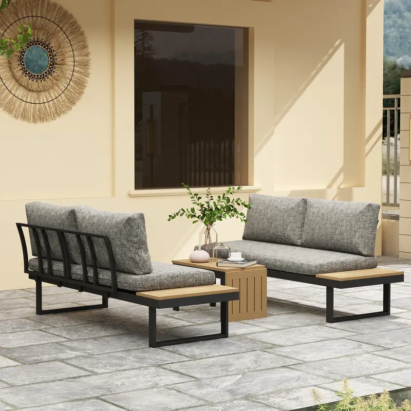 3Pc Sectional Patio Set With 2 Loveseats And Wpc Table, Light Grey 2