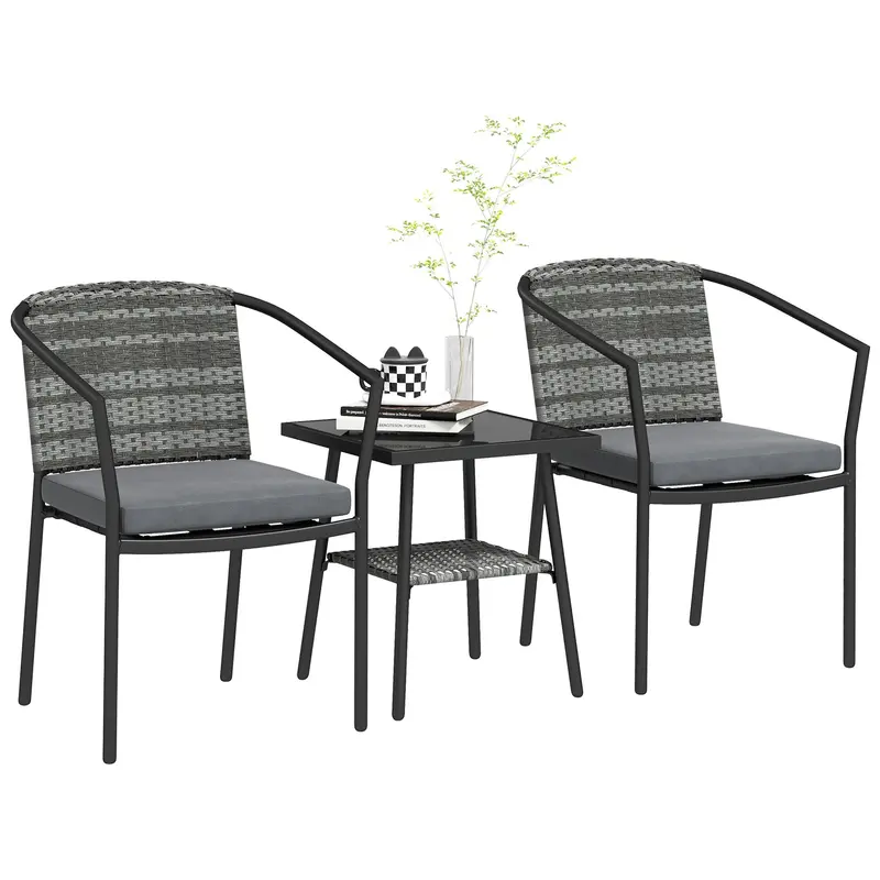 3Pc Wicker Bistro Set With Cushions And 2-Tier Glass Table, Dark Grey 1