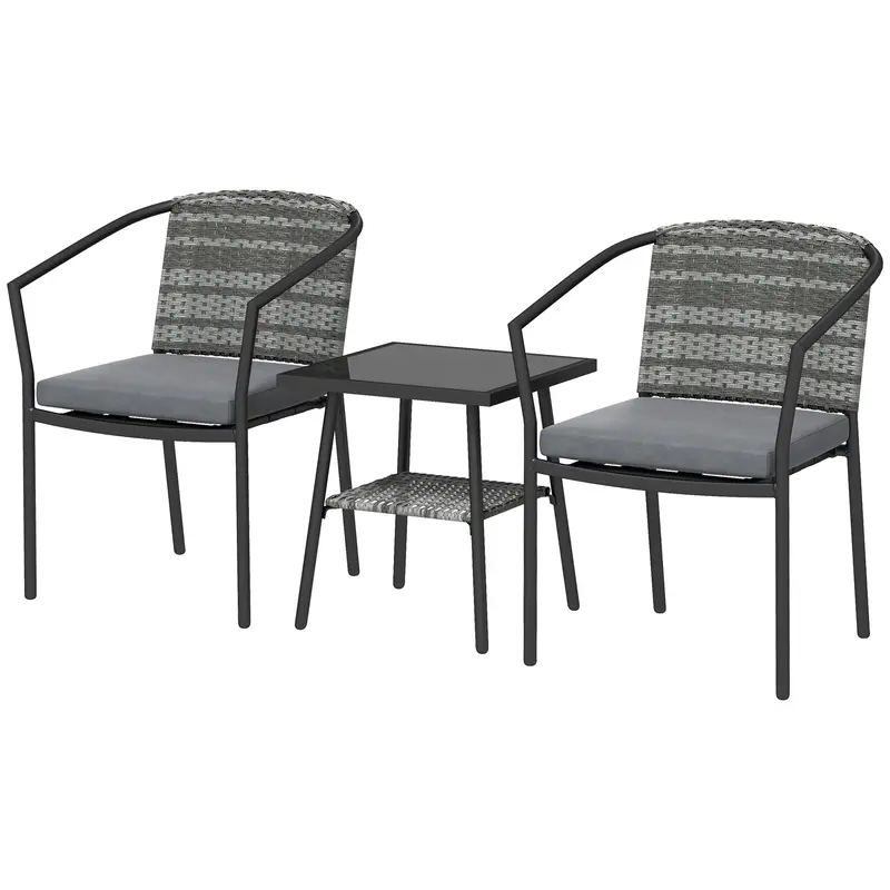 3Pc Wicker Bistro Set With Cushions And 2-Tier Glass Table, Dark Grey 2