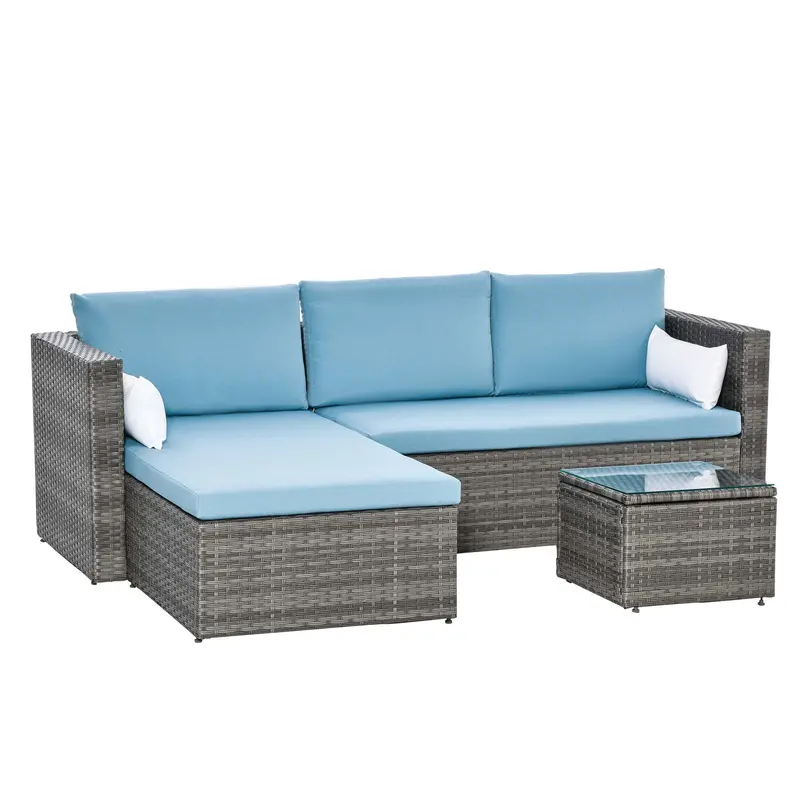 3Pcs Modern Rattan Sofa Set, Wicker Patio Furniture Set With Coffee Table, Pillows, Blue 1