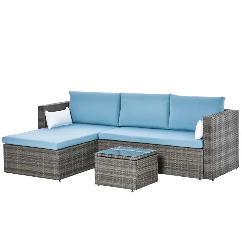3Pcs Modern Rattan Sofa Set, Wicker Patio Furniture Set With Coffee Table, Pillows, Blue 2