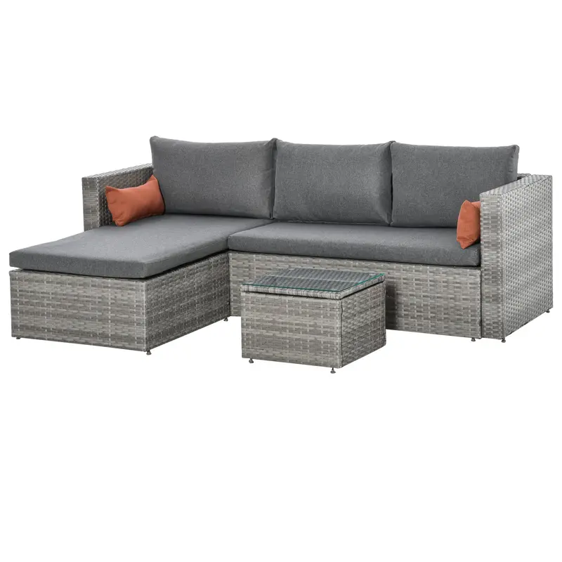 3Pcs Modern Rattan Sofa Set, Wicker Patio Furniture Set With Coffee Table, Pillows, Grey 1