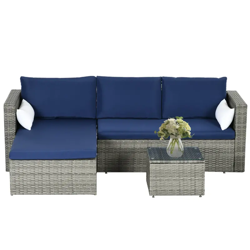 3Pcs Modern Rattan Sofa Set, Wicker Patio Furniture Set With Coffee Table, Pillows, Navy Blue 1