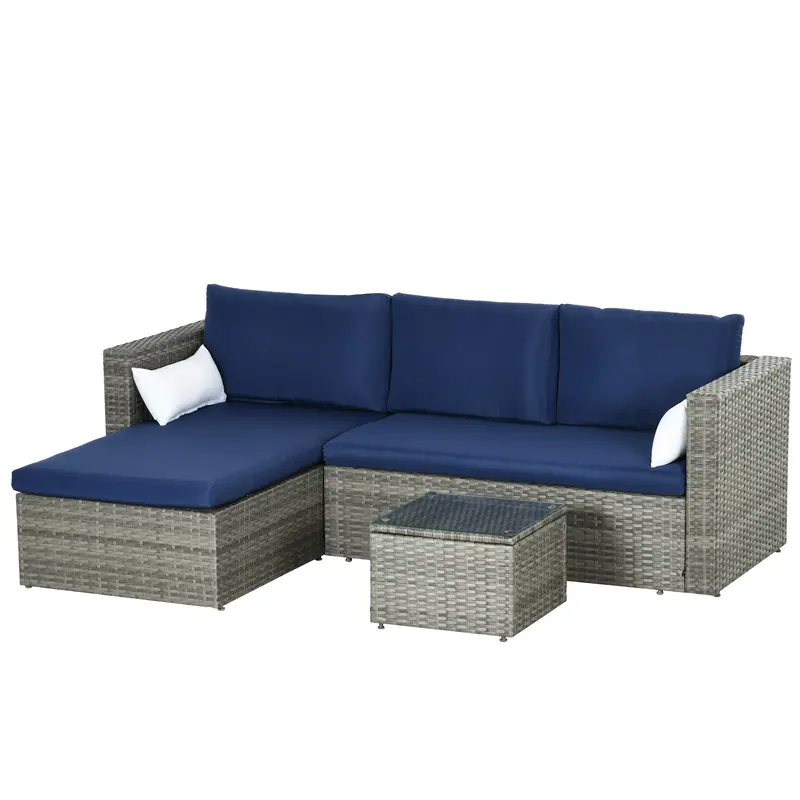 3Pcs Modern Rattan Sofa Set, Wicker Patio Furniture Set With Coffee Table, Pillows, Navy Blue 2