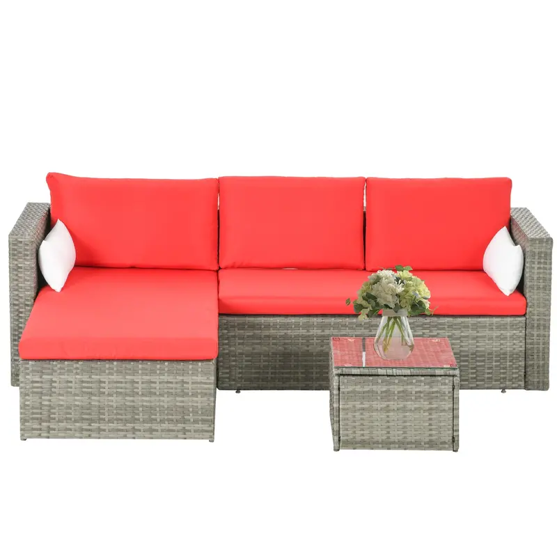 3Pcs Modern Rattan Sofa Set, Wicker Patio Furniture Set With Coffee Table, Pillows, Red 1