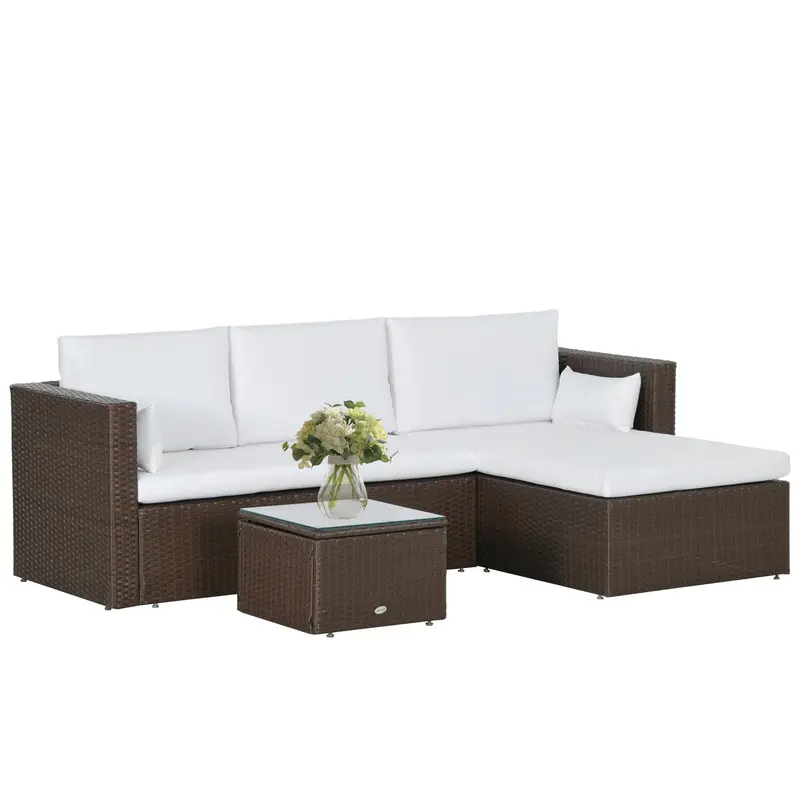 3Pcs Modern Rattan Sofa Set, Wicker Patio Furniture Set With Coffee Table, Pillows, White 1