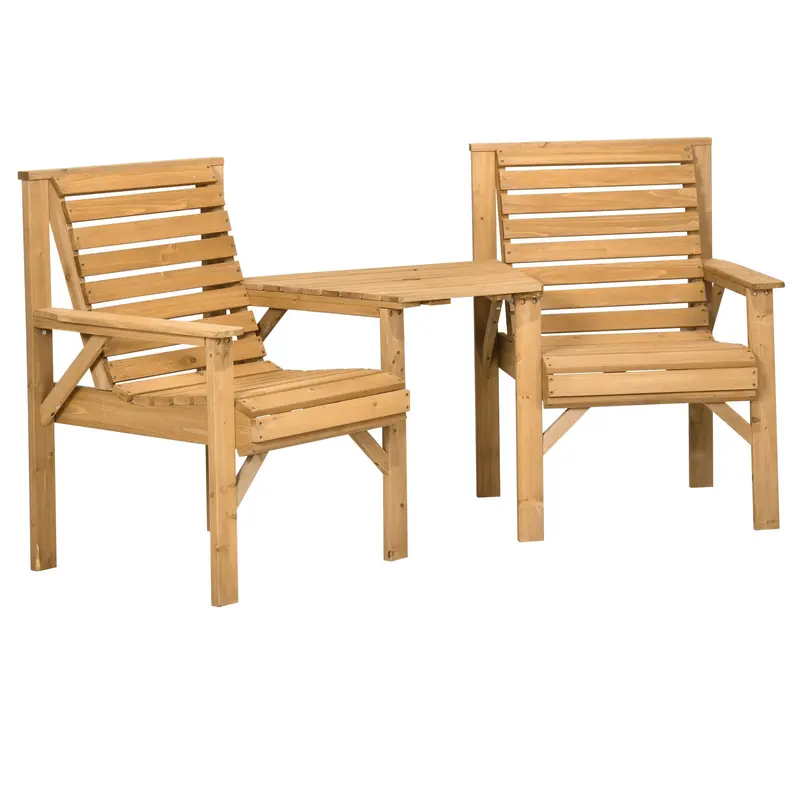 3Pcs Outdoor Bench Set, Wooden Garden Seat & Side Table With ¦Μ6cm Umbrella Hole, Light Brown 1