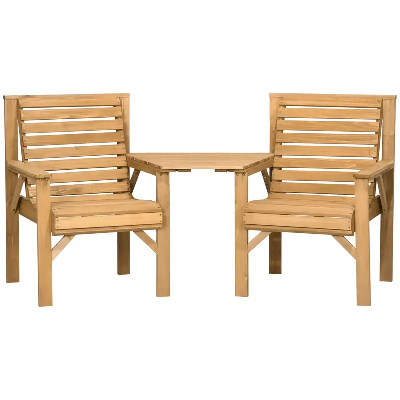 3Pcs Outdoor Bench Set, Wooden Garden Seat & Side Table With ¦Μ6cm Umbrella Hole, Light Brown 2