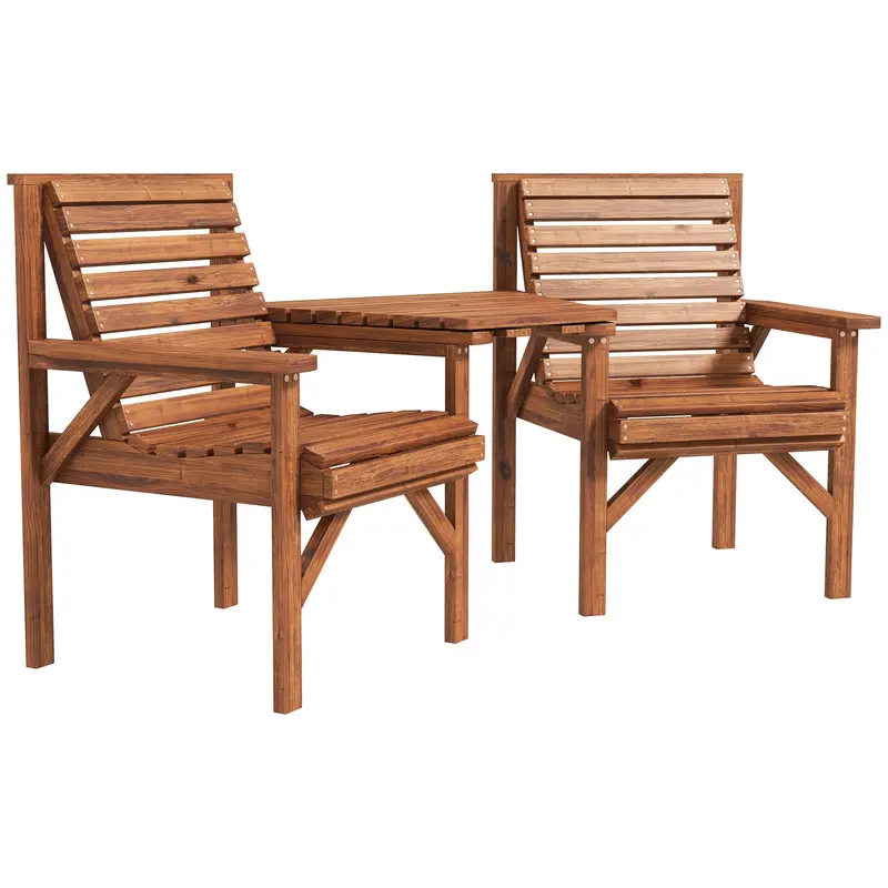 3Pcs Outdoor Bench Set, Wooden Garden Seat & Side Table With ¦Μ6cm Umbrella Hole, Tan 1