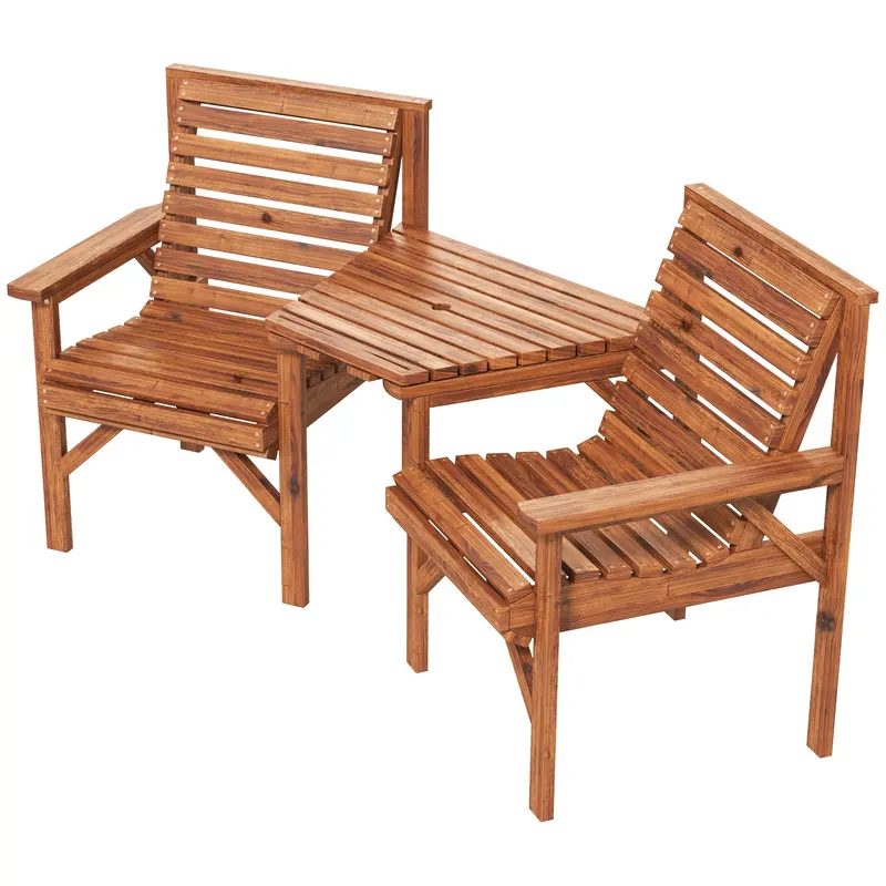 3Pcs Outdoor Bench Set, Wooden Garden Seat & Side Table With ¦Μ6cm Umbrella Hole, Tan 2
