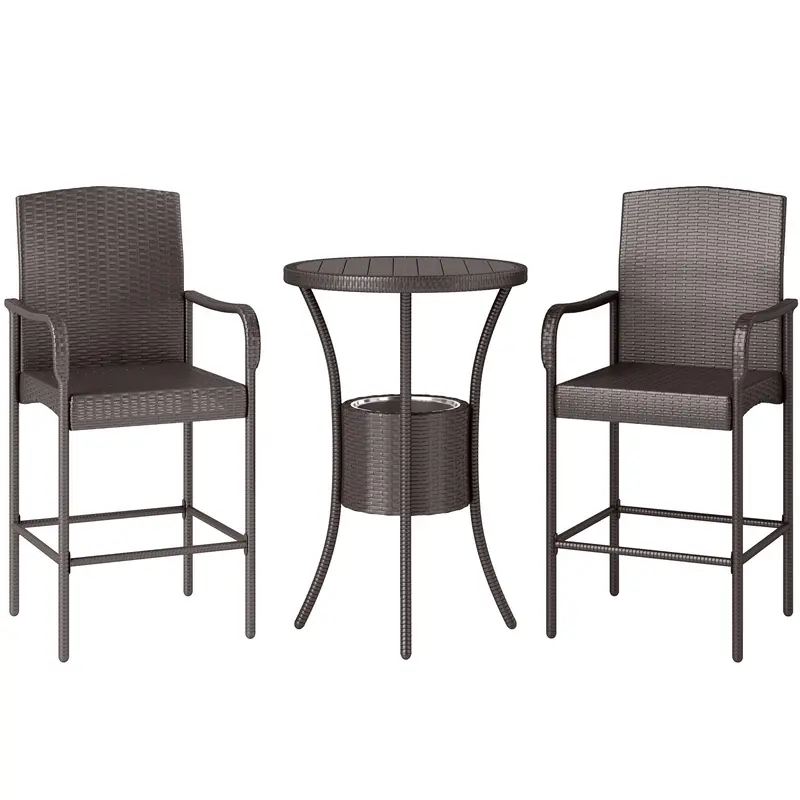 3Pcs Rattan Patio Bar Set, Outdoor Conversation Furniture Set W/ Ice Bucket, Dark Brown 1