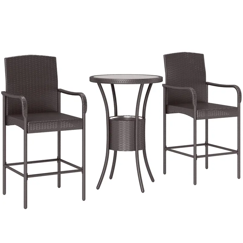 3Pcs Rattan Patio Bar Set, Outdoor Conversation Furniture Set W/ Ice Bucket, Dark Brown 2