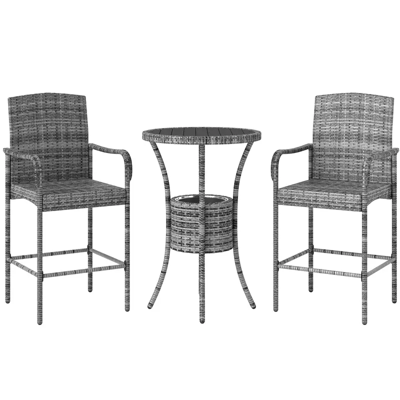 3Pcs Rattan Patio Bar Set, Outdoor Conversation Furniture Set W/ Ice Bucket, Mixed Grey 1