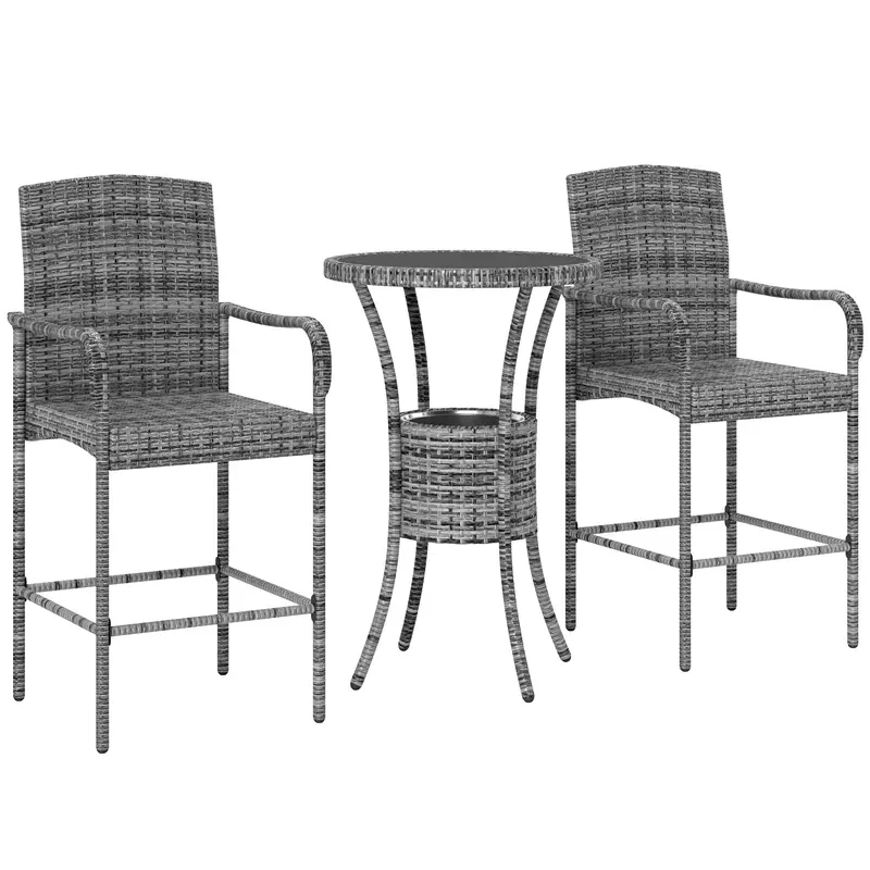 3Pcs Rattan Patio Bar Set, Outdoor Conversation Furniture Set W/ Ice Bucket, Mixed Grey 2
