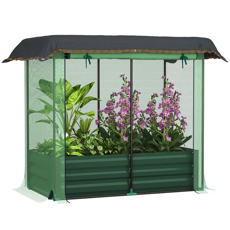 4.1' X 2.1' Galvanized Raised Garden Bed With Cover, Crop Cage With Shade Cloth, Green 1