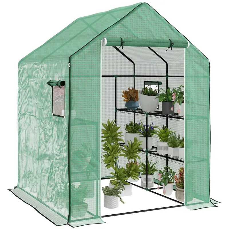 4.6' X 4.7' X 6.2' Walk-In Greenhouse With 8 Shelves & Pe Cover, Green 1