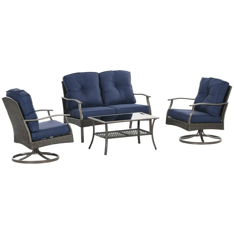 4 Pcs Patio Pe Rattan Wicker Sofa Set W/ Two Tier Tea Table & Padded Seat, Navy Blue 1