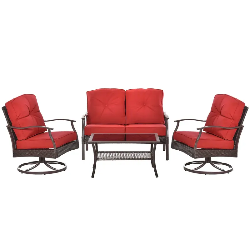 4 Pcs Patio Pe Rattan Wicker Sofa Set W/ Two Tier Tea Table & Padded Seat, Red 1