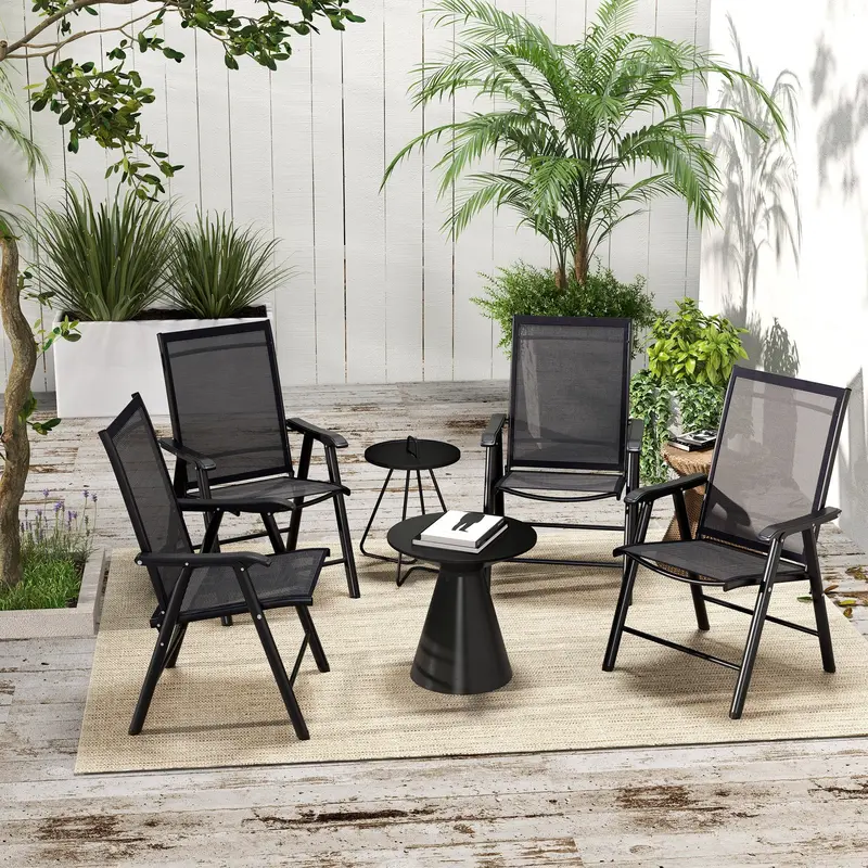 4-Piece Folding Chair Set, Outdoor Furniture Set With Mesh Fabric & Armrests, Black 2