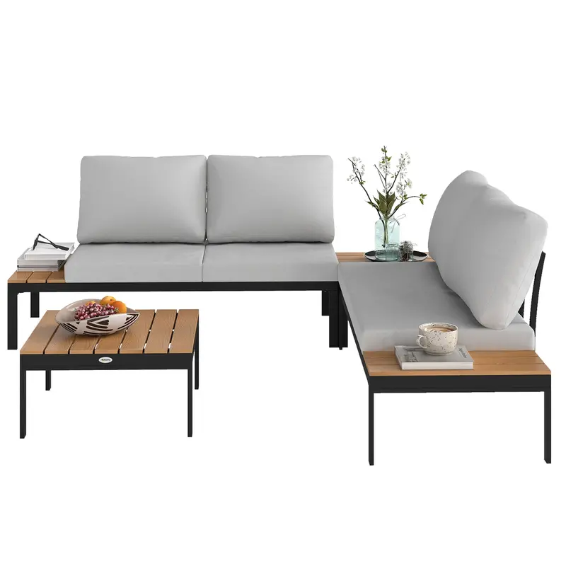 4 Piece L-Shaped Garden Furniture Set With 2 Coffee Tables, Teak 2