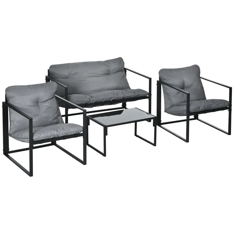 4 Piece Outdoor Patio Conversation Set W/ Tempered Glass Table, Loveseat & 2 Chairs, Grey 2