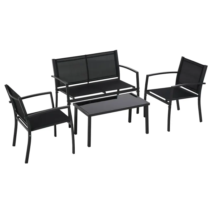 4-Piece Patio Furniture Set W/ Glass Coffee Table, Breathable Mesh Seat & Backrest, Black 1