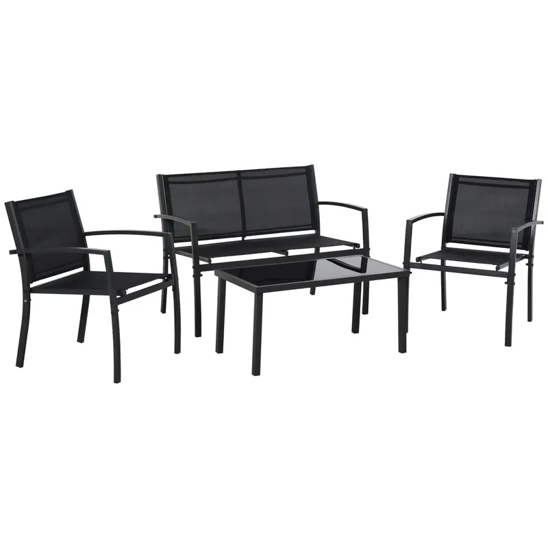 4-Piece Patio Furniture Set W/ Glass Coffee Table, Breathable Mesh Seat & Backrest, Black 2
