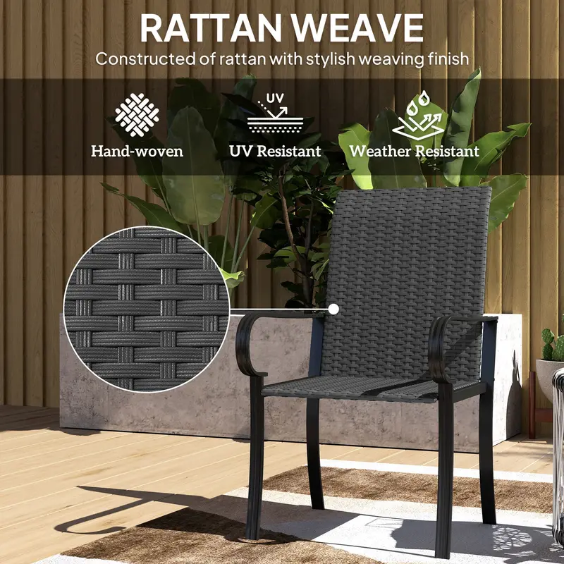 4 Piece Pe Rattan Patio Dining Chairs With Steel Frame For Pool Side, Porch, Black 2