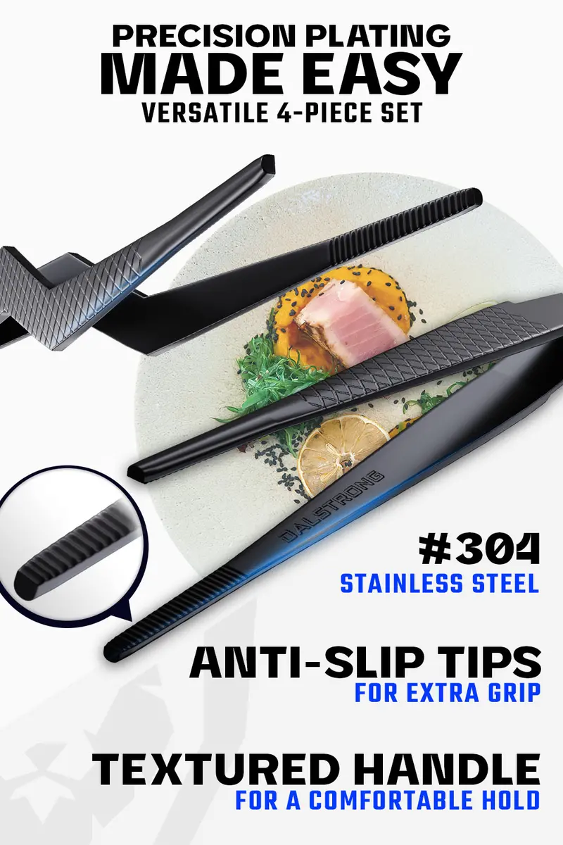 4 Piece Plating Tweezers Set 6.5" | Curved, Offset, Fine, And Regular Tweezers | Dalstrong © 2
