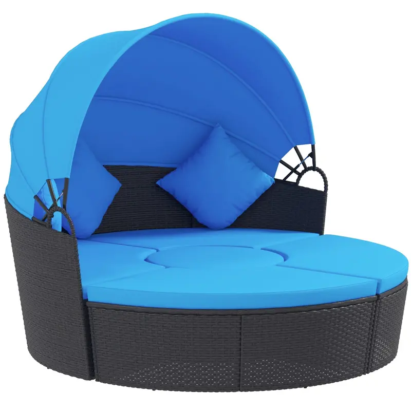 4-Piece Round Outdoor Daybed With Retractable Canopy, Pe Rattan Wicker Chair, Blue 1