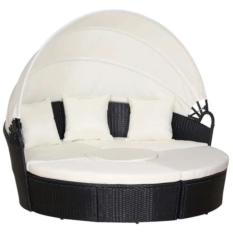 4-Piece Round Outdoor Daybed With Retractable Canopy, Pe Rattan Wicker Chair, Cream White 1