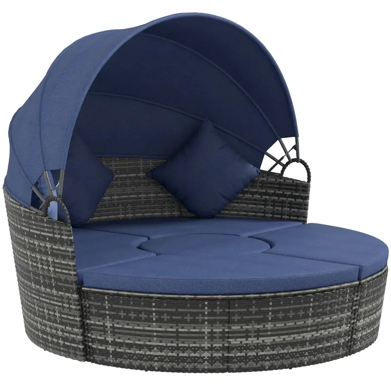 4-Piece Round Outdoor Daybed With Retractable Canopy, Pe Rattan Wicker Chair, Dark Blue 1