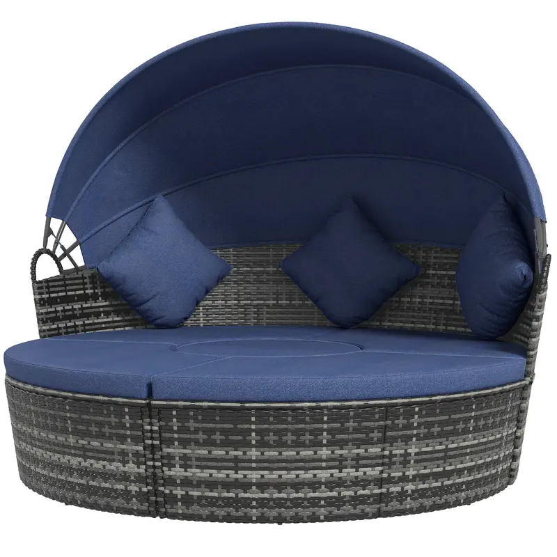4-Piece Round Outdoor Daybed With Retractable Canopy, Pe Rattan Wicker Chair, Dark Blue 2