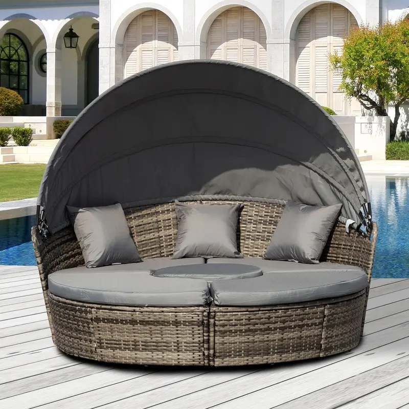 4-Piece Round Outdoor Daybed With Retractable Canopy, Pe Rattan Wicker Chair, Grey 1