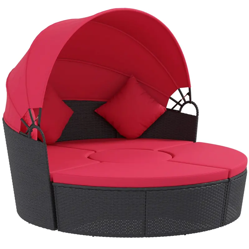 4-Piece Round Outdoor Daybed With Retractable Canopy, Pe Rattan Wicker Chair, Red 1