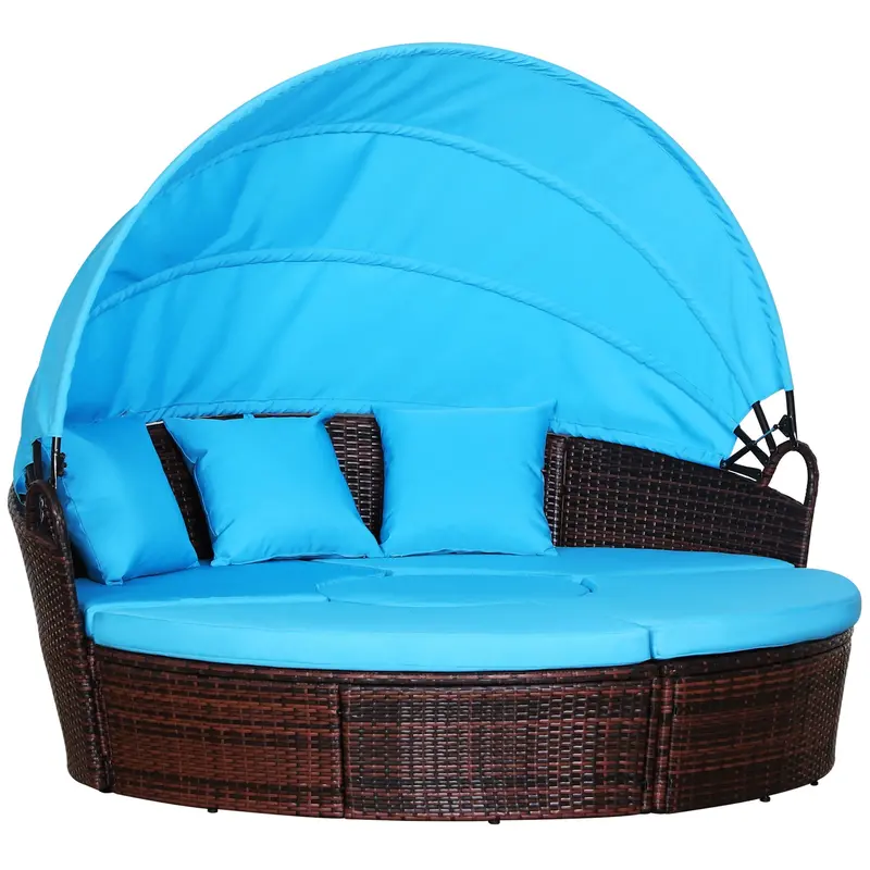 4-Piece Round Outdoor Daybed With Retractable Canopy, Pe Rattan Wicker Chair, Sky Blue 1