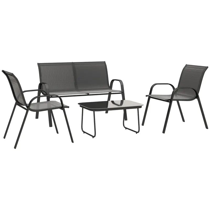 4 Pieces Outdoor Patio Set W/ 2 Stackable Chairs, Loveseat & Glass Coffee Table, Black 1