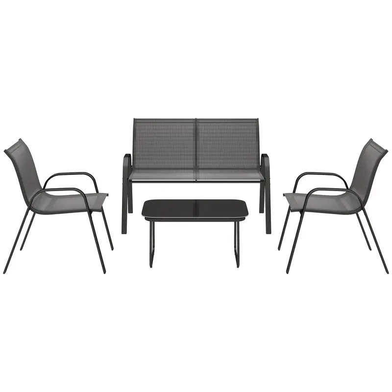 4 Pieces Outdoor Patio Set W/ 2 Stackable Chairs, Loveseat & Glass Coffee Table, Black 2