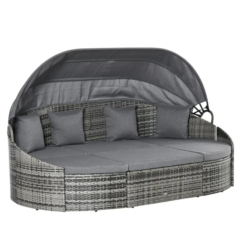 4 Pieces Pe Wicker Round Daybed, Outdoor Rattan Garden Lounge Furniture Sets, Grey 1